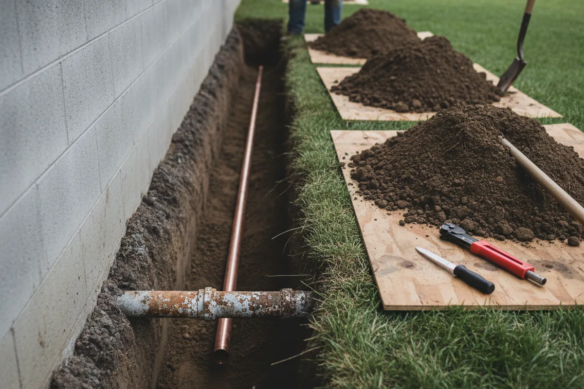 Excavated water line trench during Sewer Line Repair in Dania